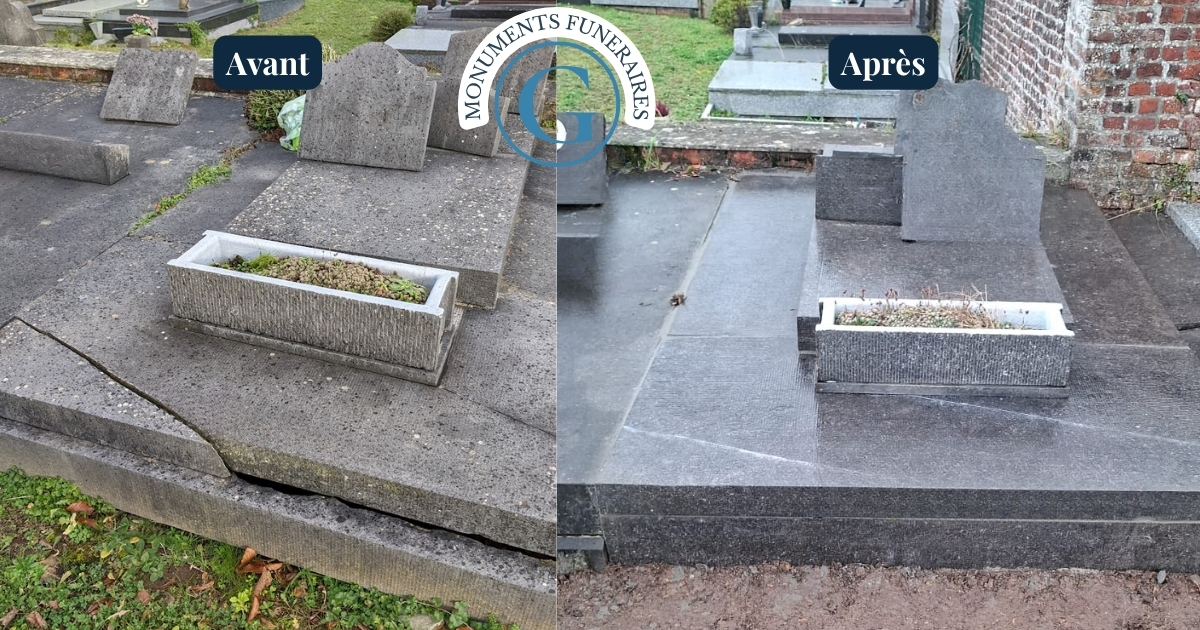 Monument funéraire après restauration avec recouvrement de pierre tombale, sablage des pilastres et de la vasque